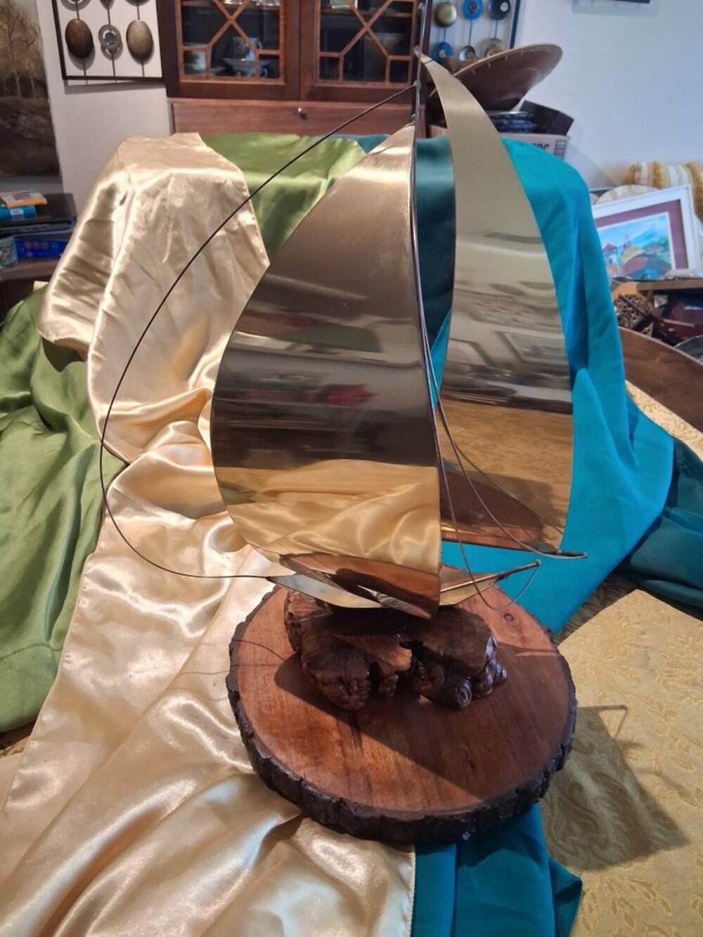 MCM Modern Brass & Copper Sailboat Sculpture Burl Wood Base Signed Yossi